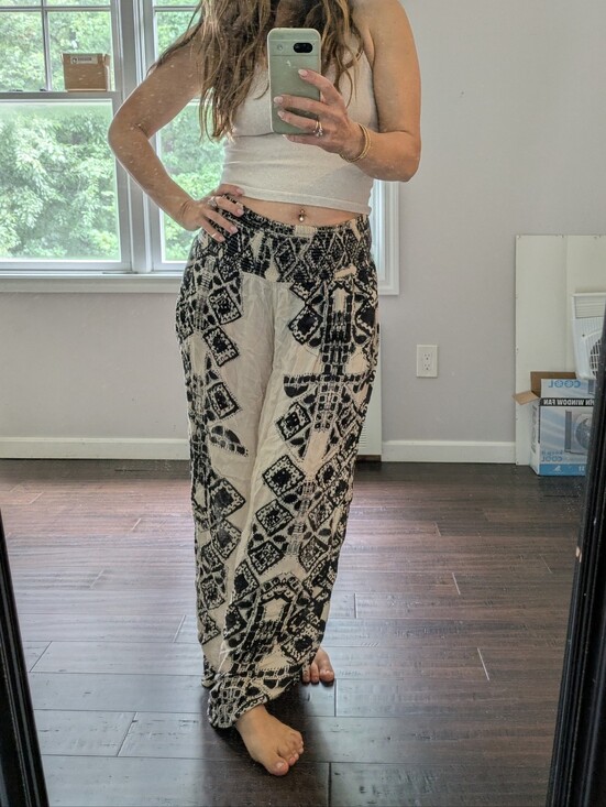 Free People Pants - Free People Black & Cream Printed Wide-Leg Pants With Pockets Polooza Pants M